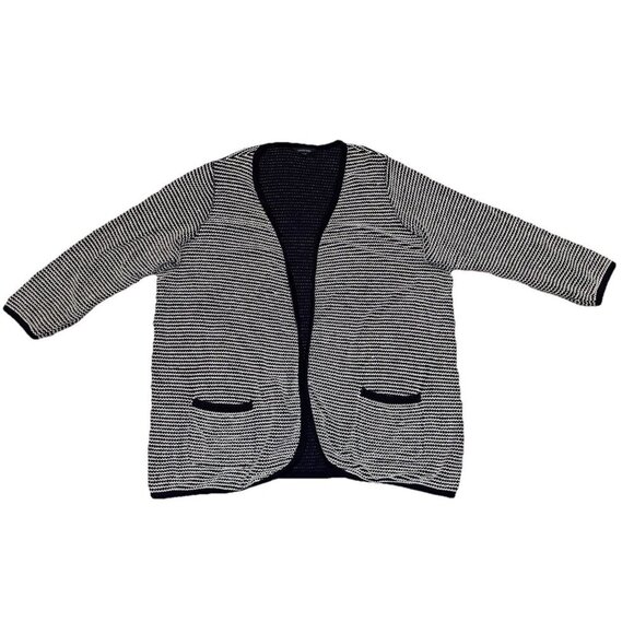 LANDS END Open Front Navy Blue Cotton Striped Cardigan Sweater Texture 3XL - Picture 1 of 8